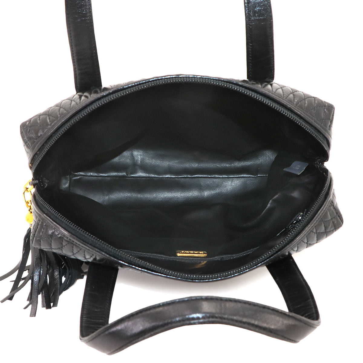 Quilting Hand Bag Leather Black Fringe Purse