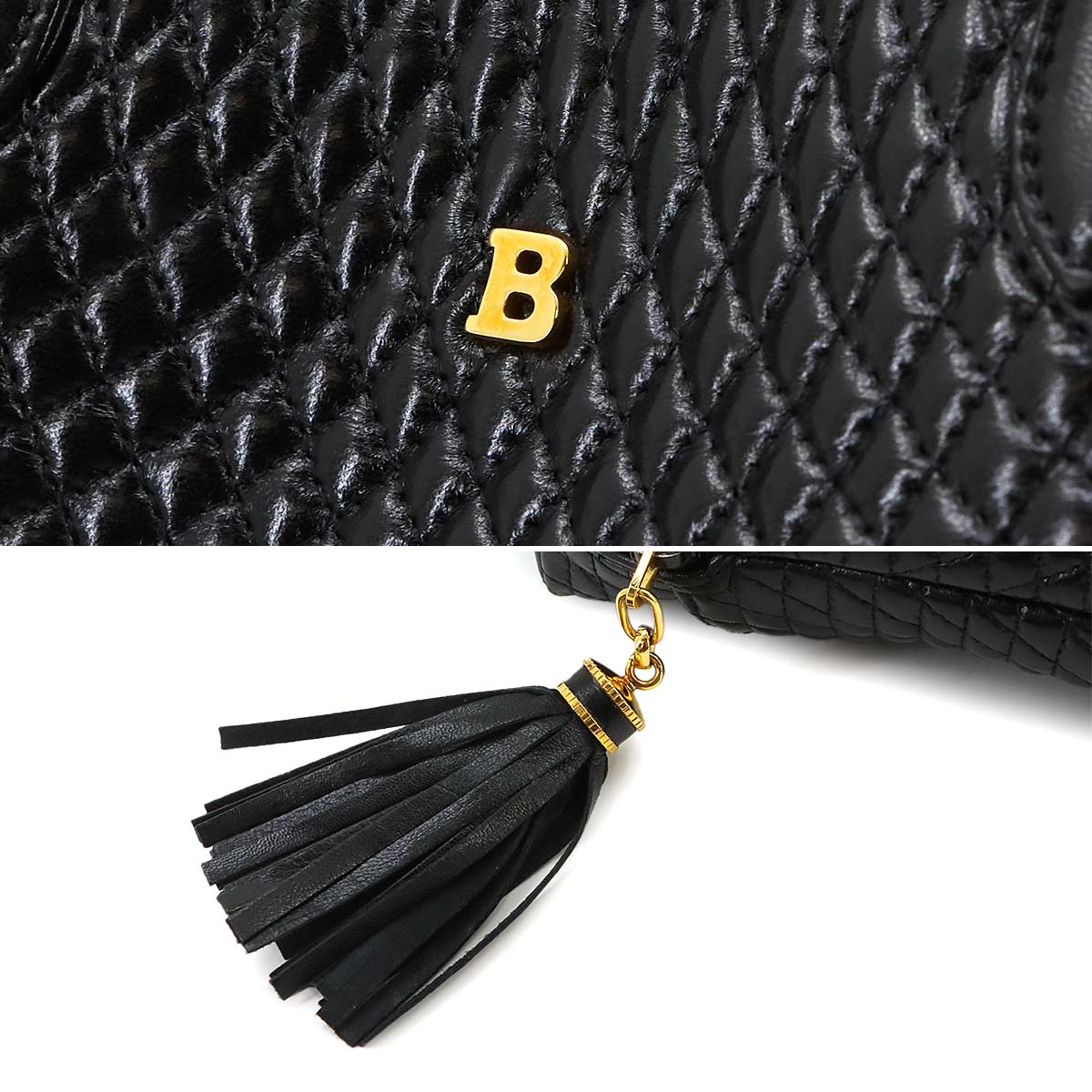 Quilting Hand Bag Leather Black Fringe Purse