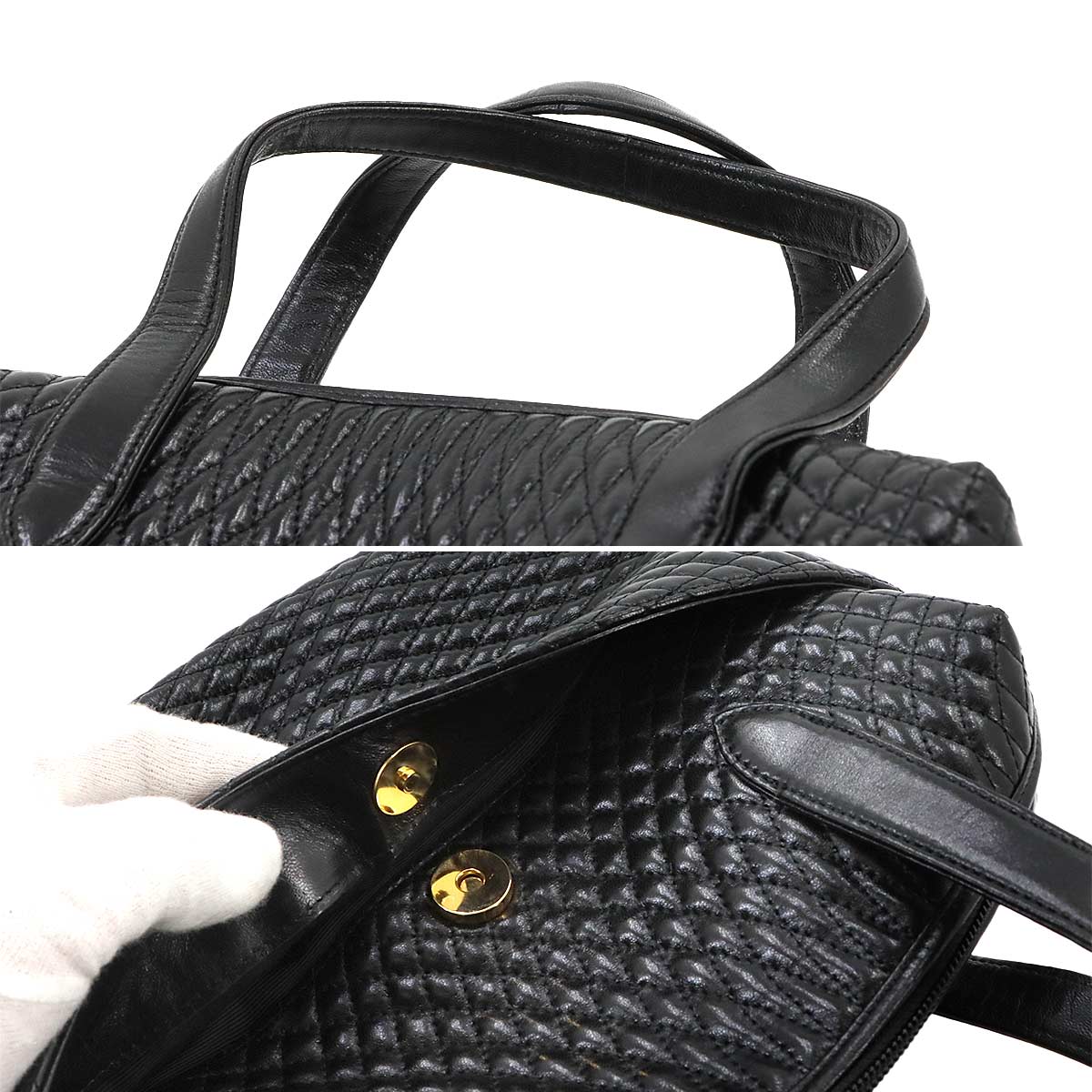 Quilting Hand Bag Leather Black Fringe Purse