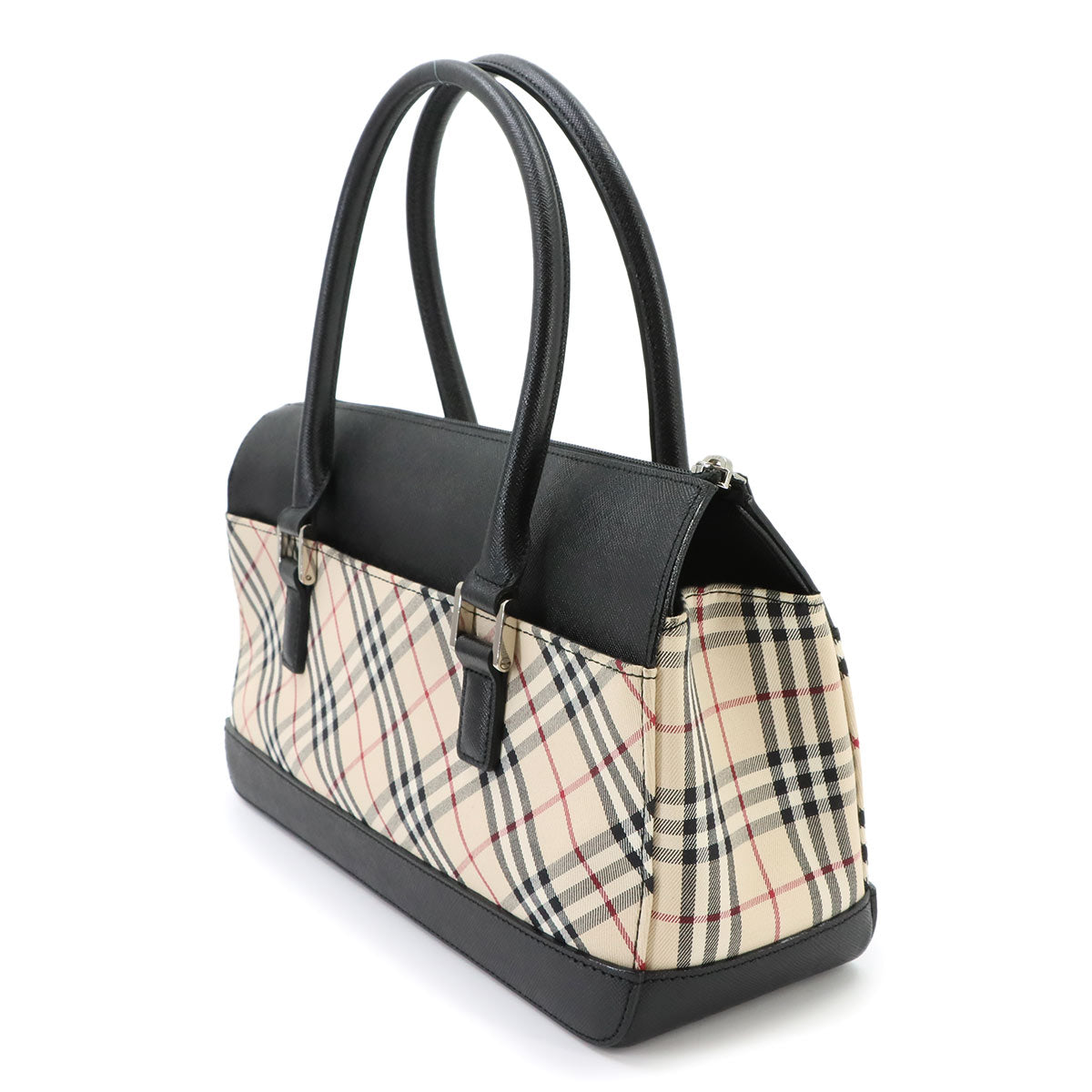 Plaid Mini Boston Hand Bag Canvas Leather Beige Black