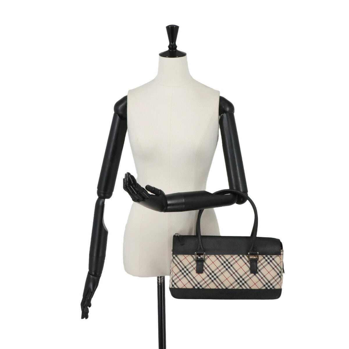 Plaid Mini Boston Hand Bag Canvas Leather Beige Black