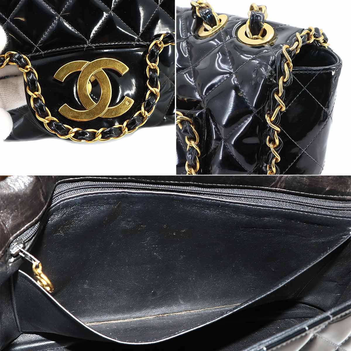 Matelasse 34 Chain Shoulder Bag Enamel Black Vintage Purse