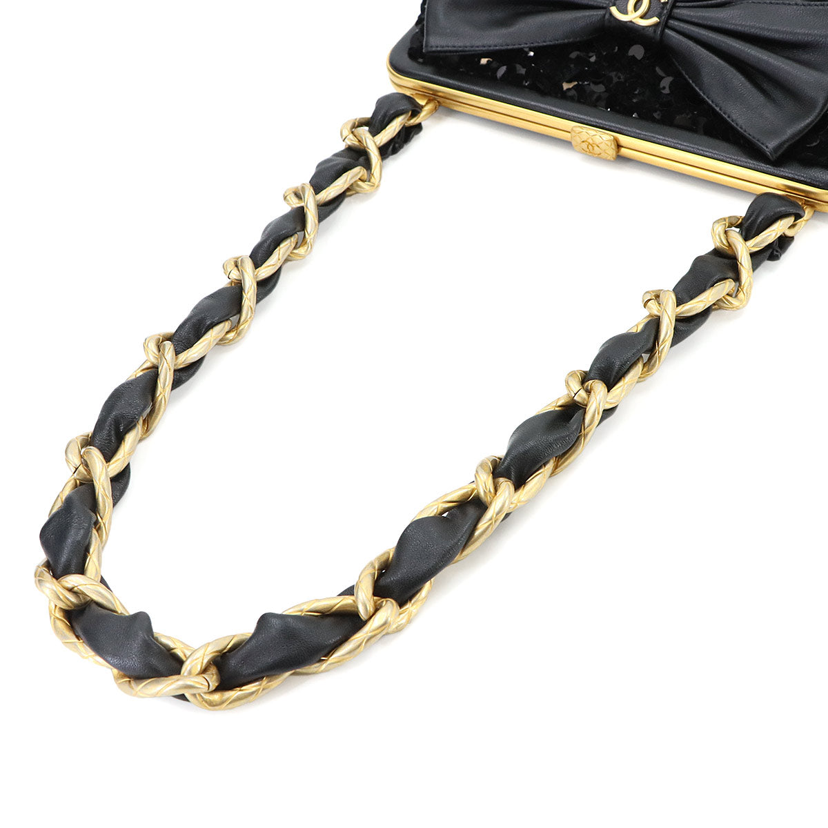 Chain Shoulder Bag Sequins Leather Black Ribbon AP4029