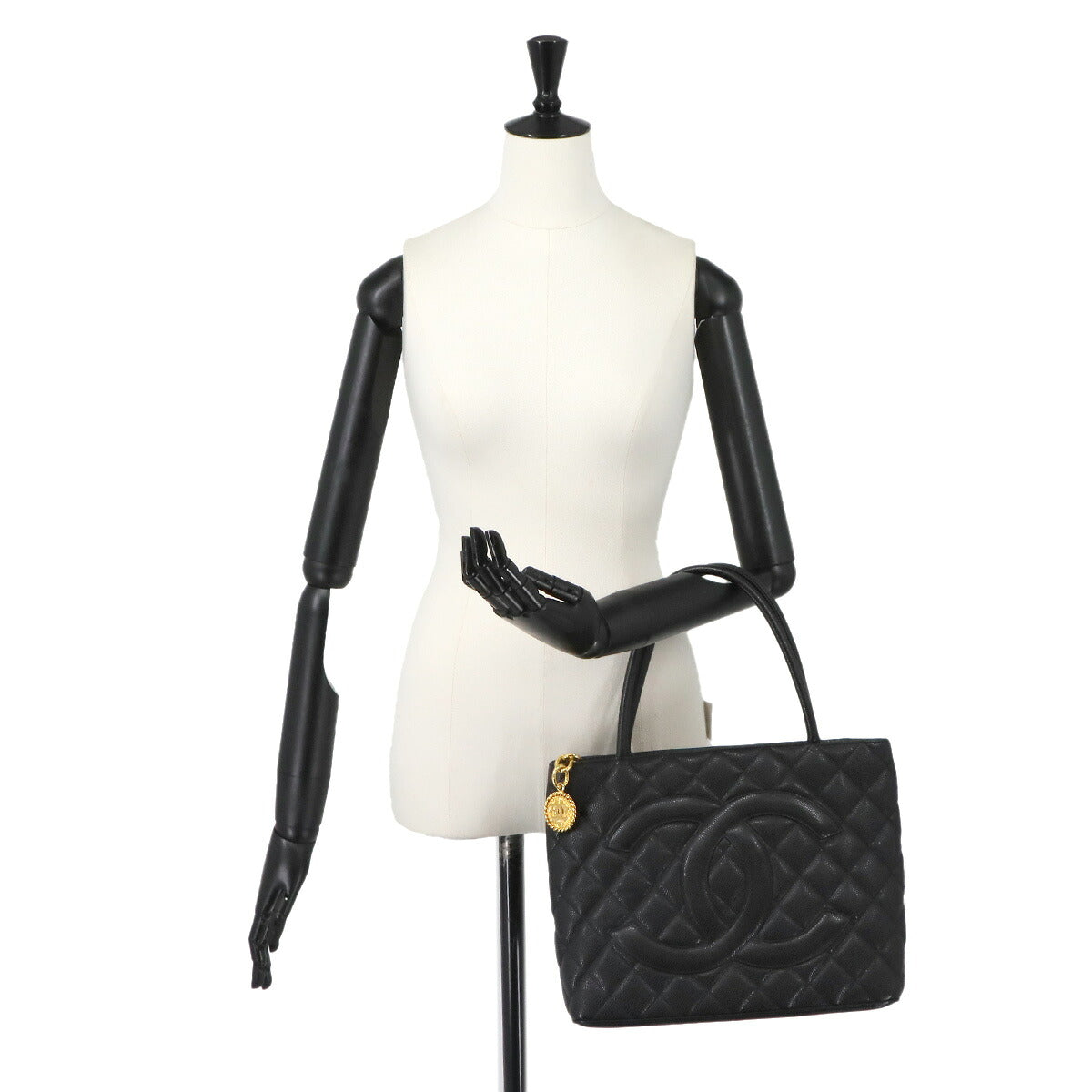 Medallion Tote Bag Leather Black A01804 Coco Logos Vintage