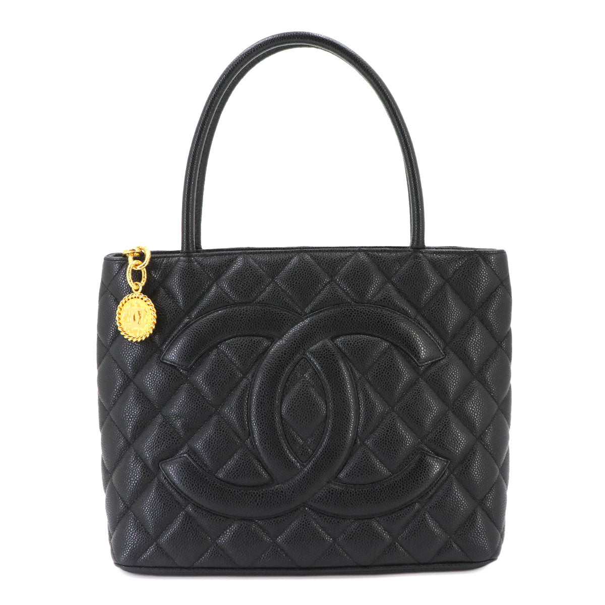 Medallion Tote Bag Leather Black A01804 Coco Logos Vintage