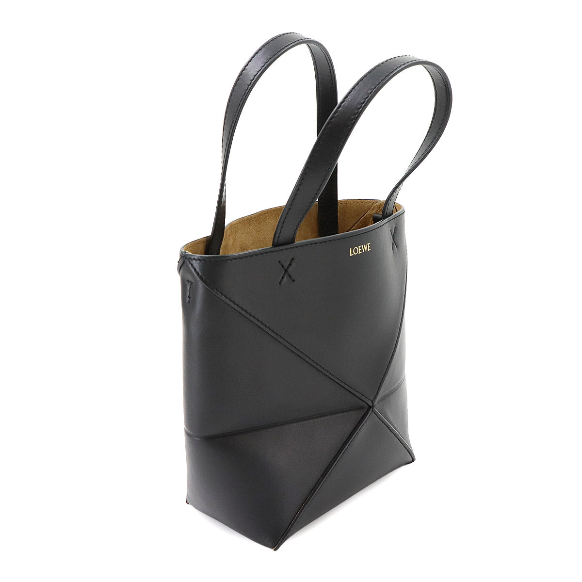 Mini Puzzle Fold 2way Tote Shoulder Bag Leather Black