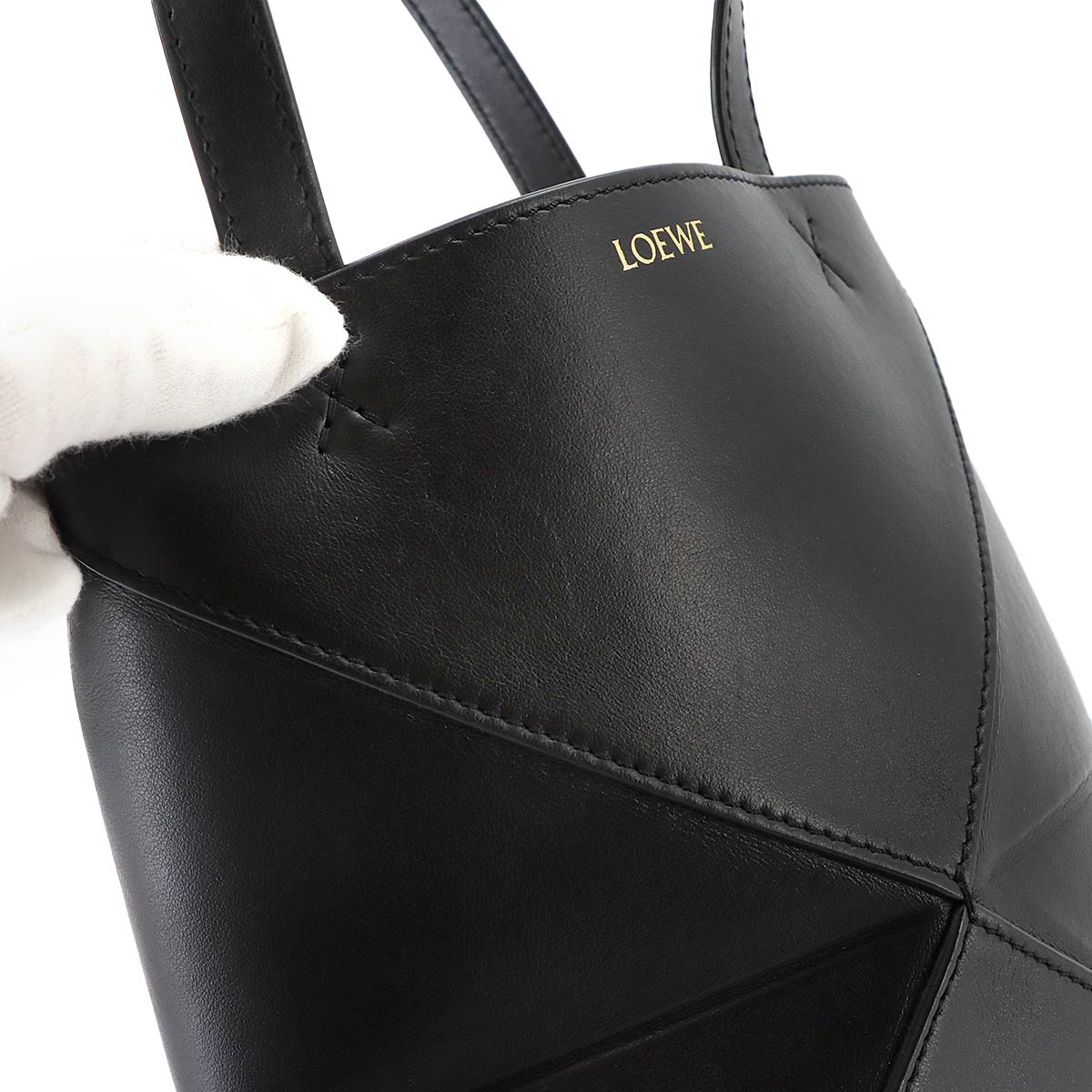 Mini Puzzle Fold 2way Tote Shoulder Bag Leather Black