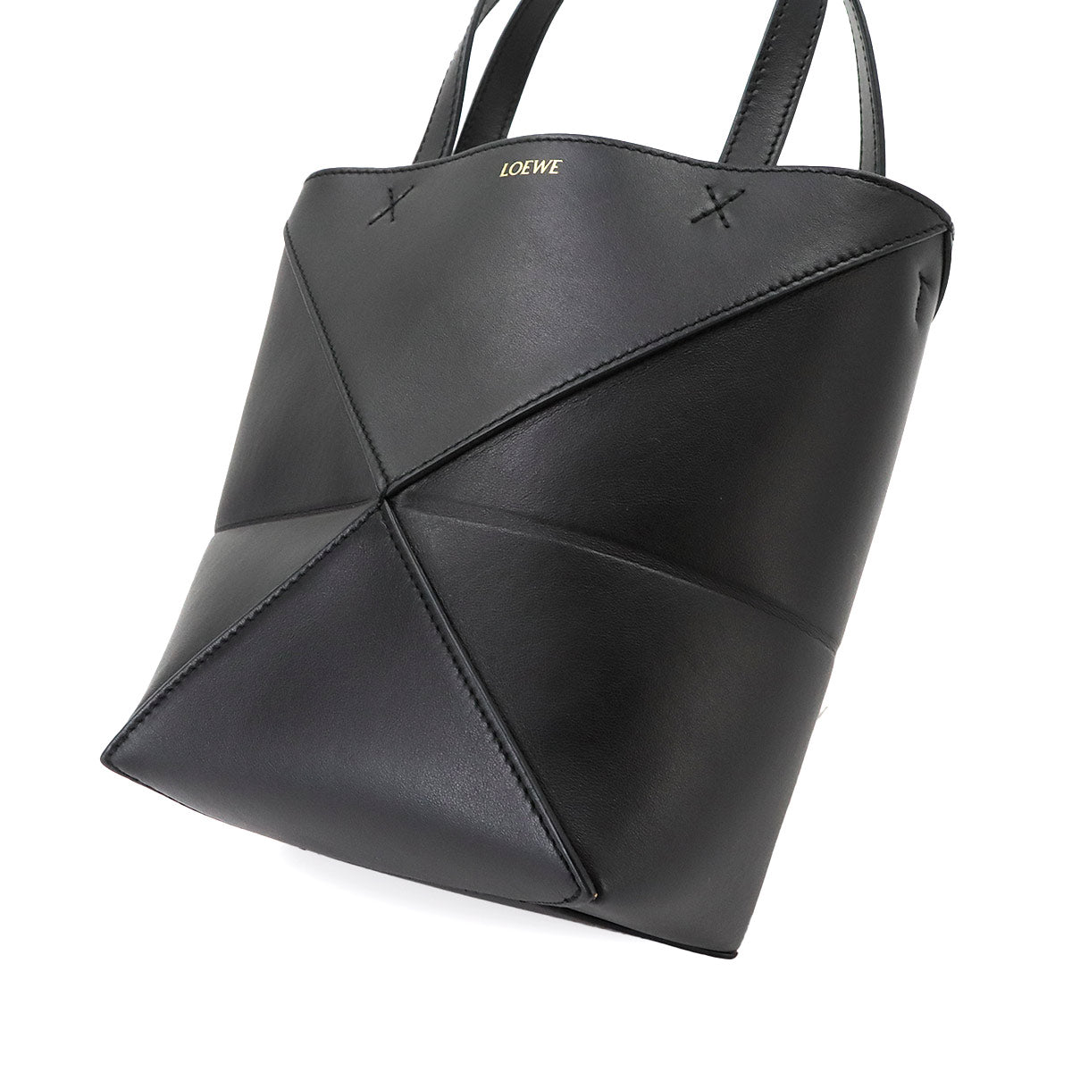 Mini Puzzle Fold 2way Tote Shoulder Bag Leather Black