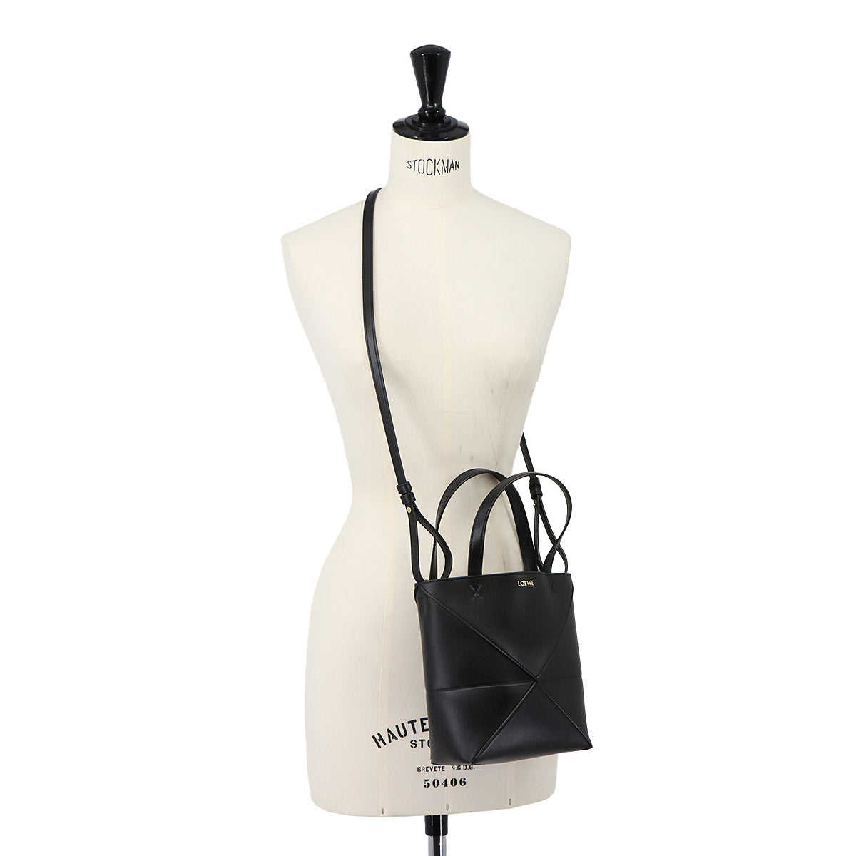 Mini Puzzle Fold 2way Tote Shoulder Bag Leather Black