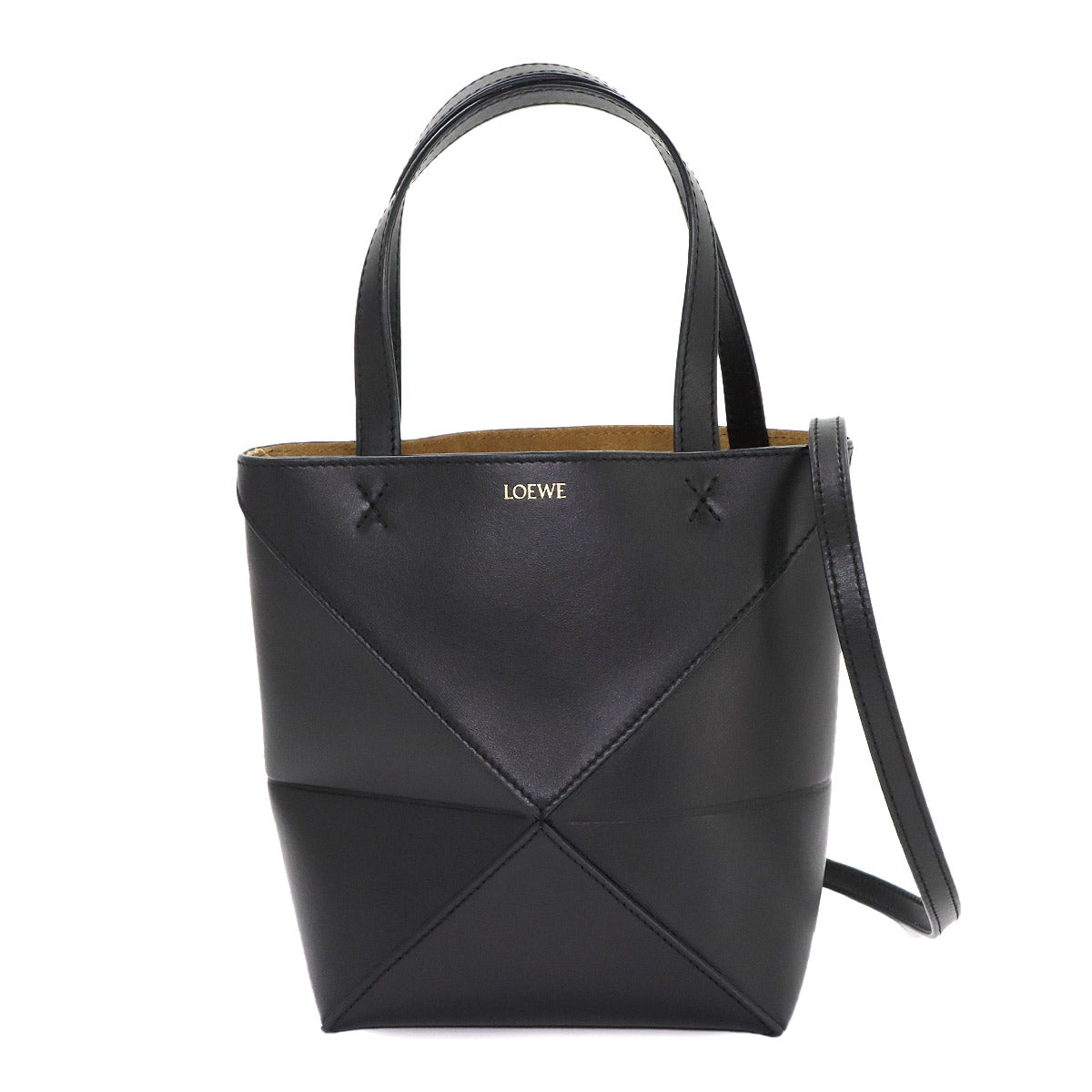 Mini Puzzle Fold 2way Tote Shoulder Bag Leather Black