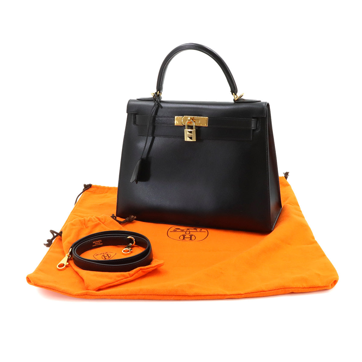 Kelly 28 Box carf Black 2way Hand Shoulder Bag Purse