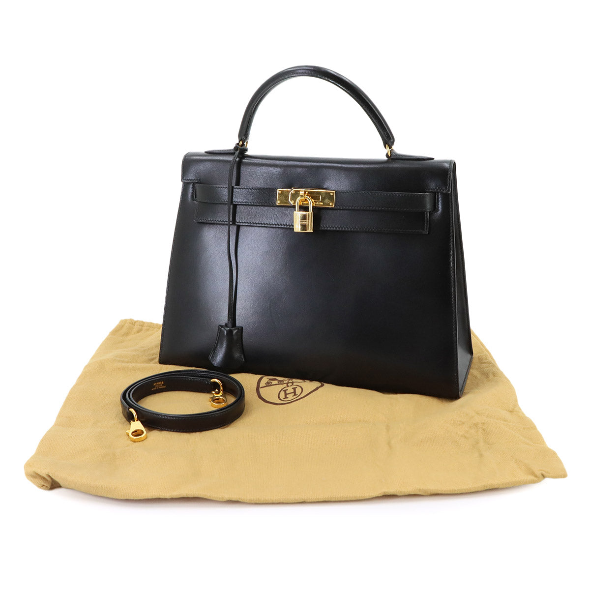 Kelly 32 Box calf Black Hand Shoulder Bag Vintage Purse
