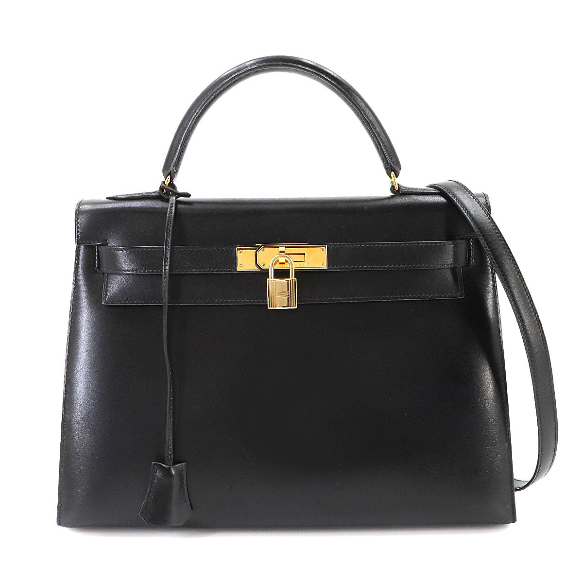 Kelly 32 Box calf Black Hand Shoulder Bag Vintage Purse