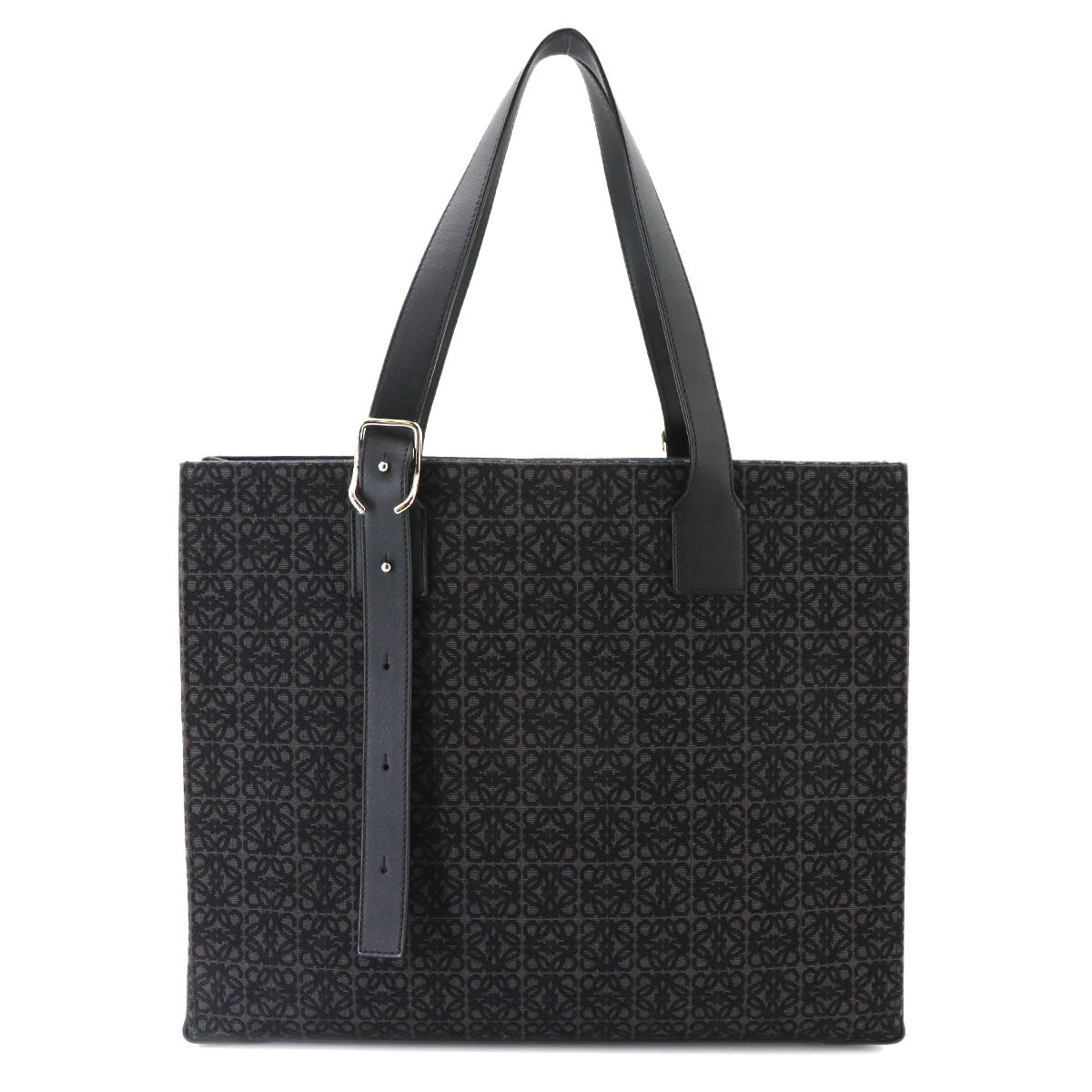 Buckle Horizontal Tote Bag Canvas Leather Black Purse