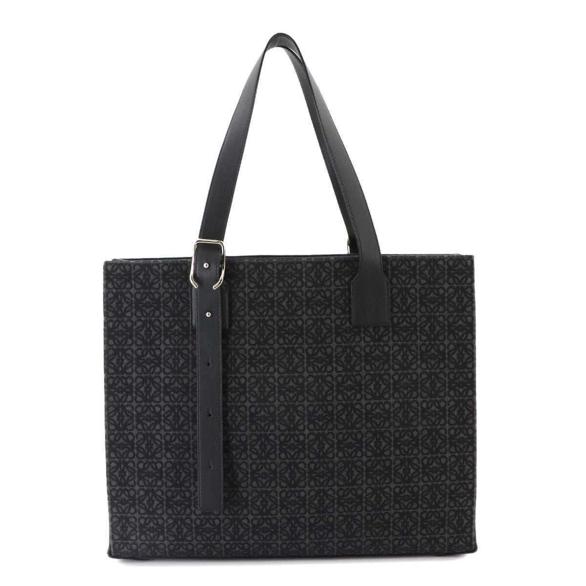 Buckle Horizontal Tote Bag Canvas Leather Black Purse