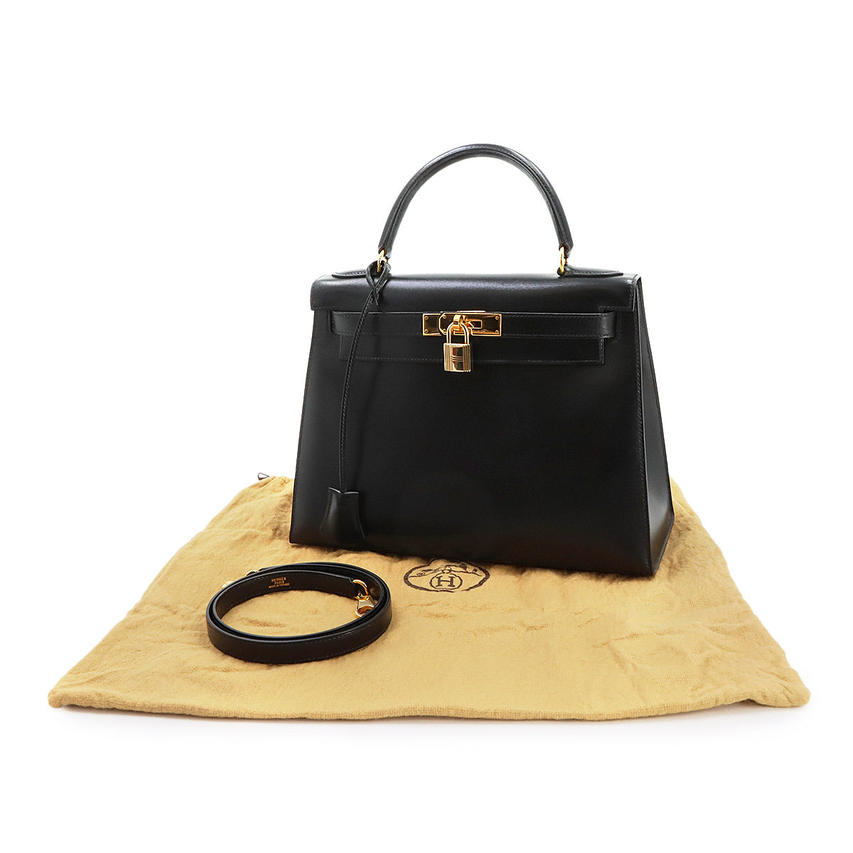 Kelly 28 Box carf Black 2way Hand Shoulder Bag Purse