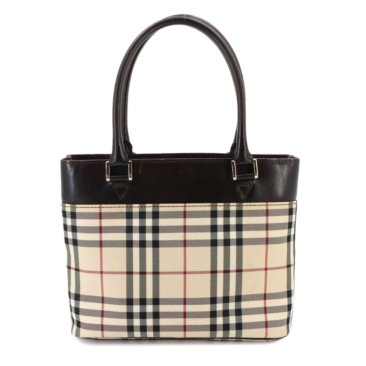 Plaid Hand Bag Canvas Leather Beige Dark brown Purse