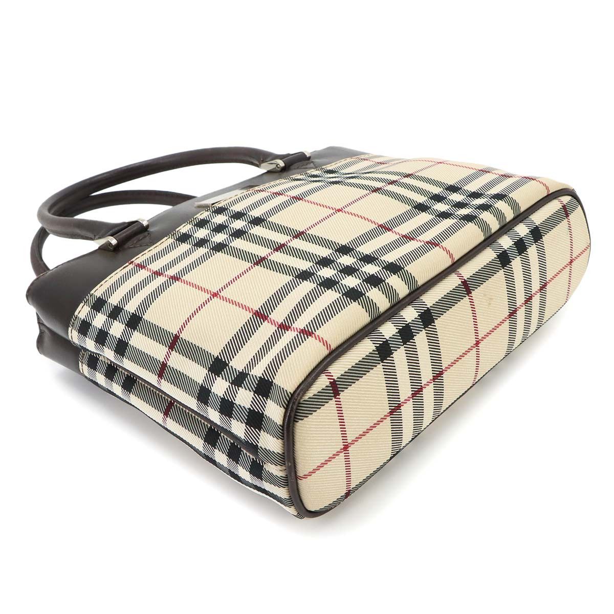 Plaid Hand Bag Canvas Leather Beige Dark brown Purse