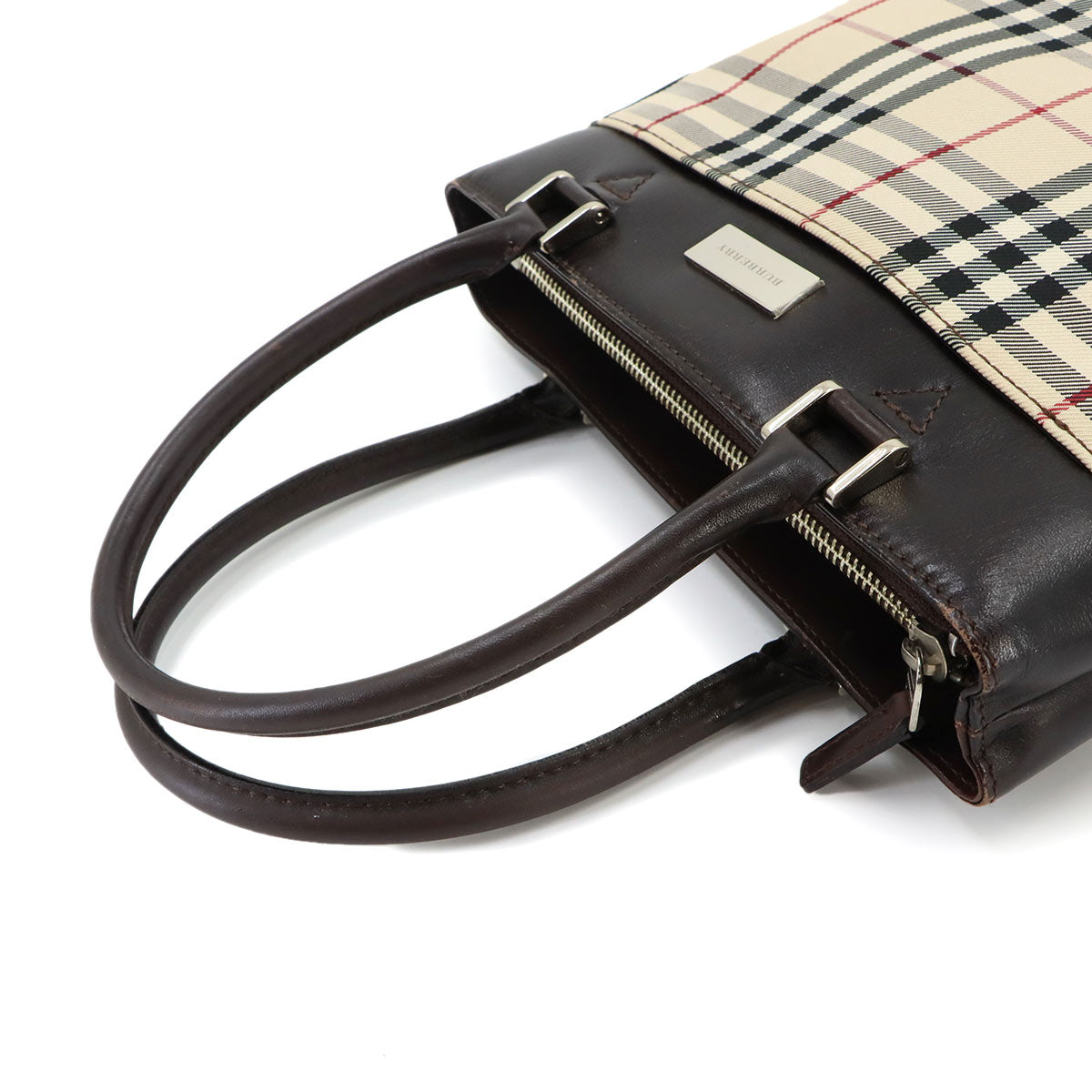Plaid Hand Bag Canvas Leather Beige Dark brown Purse