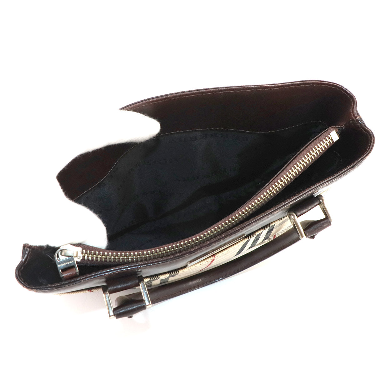 Plaid Hand Bag Canvas Leather Beige Dark brown Purse