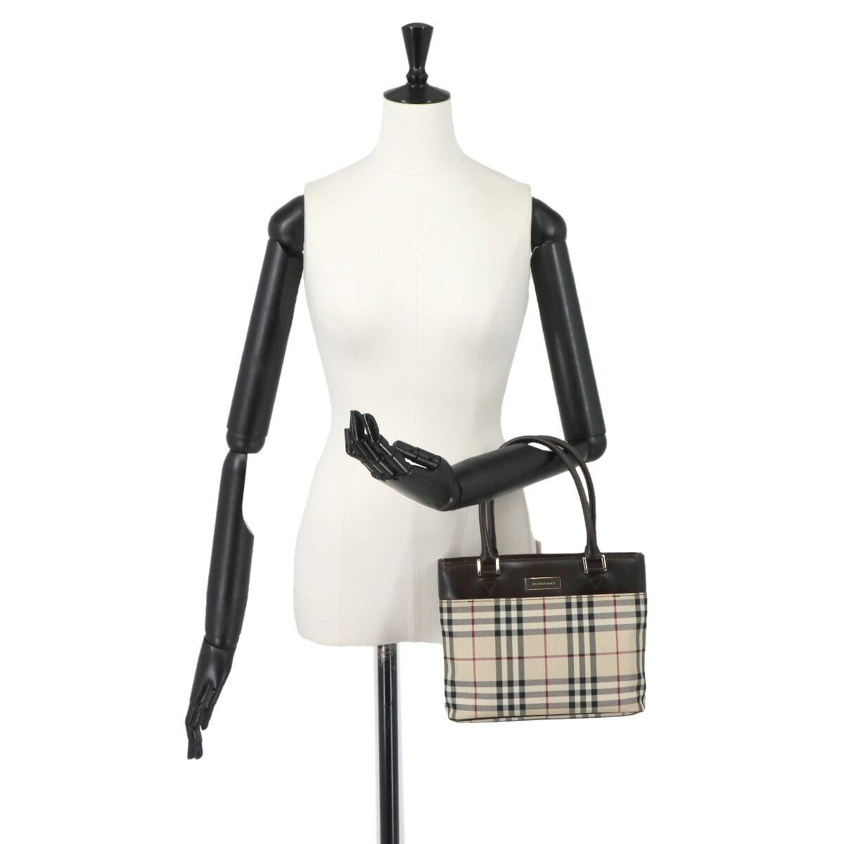 Plaid Hand Bag Canvas Leather Beige Dark brown Purse