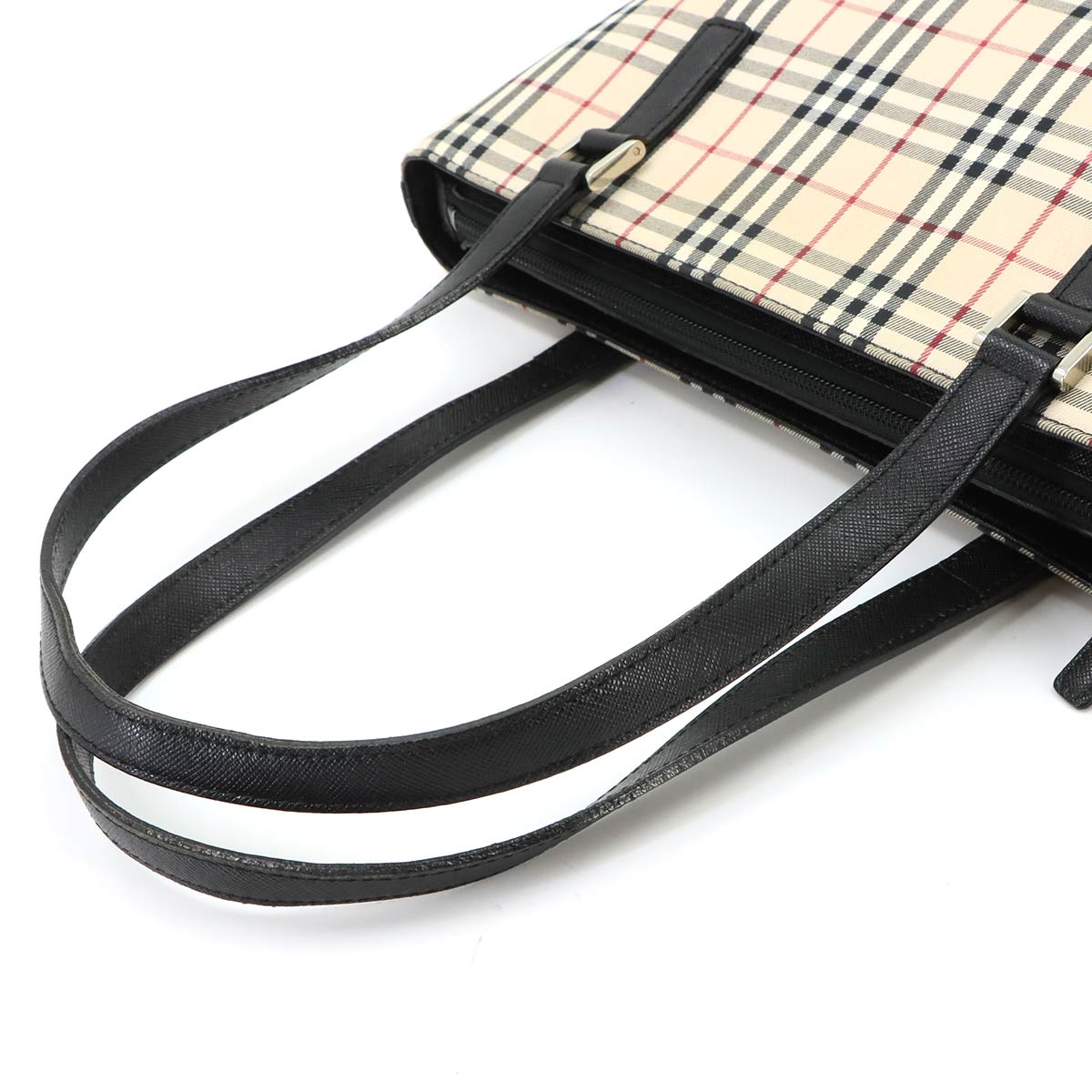 Plaid Tote Bag Canvas Leather Beige Black Purse