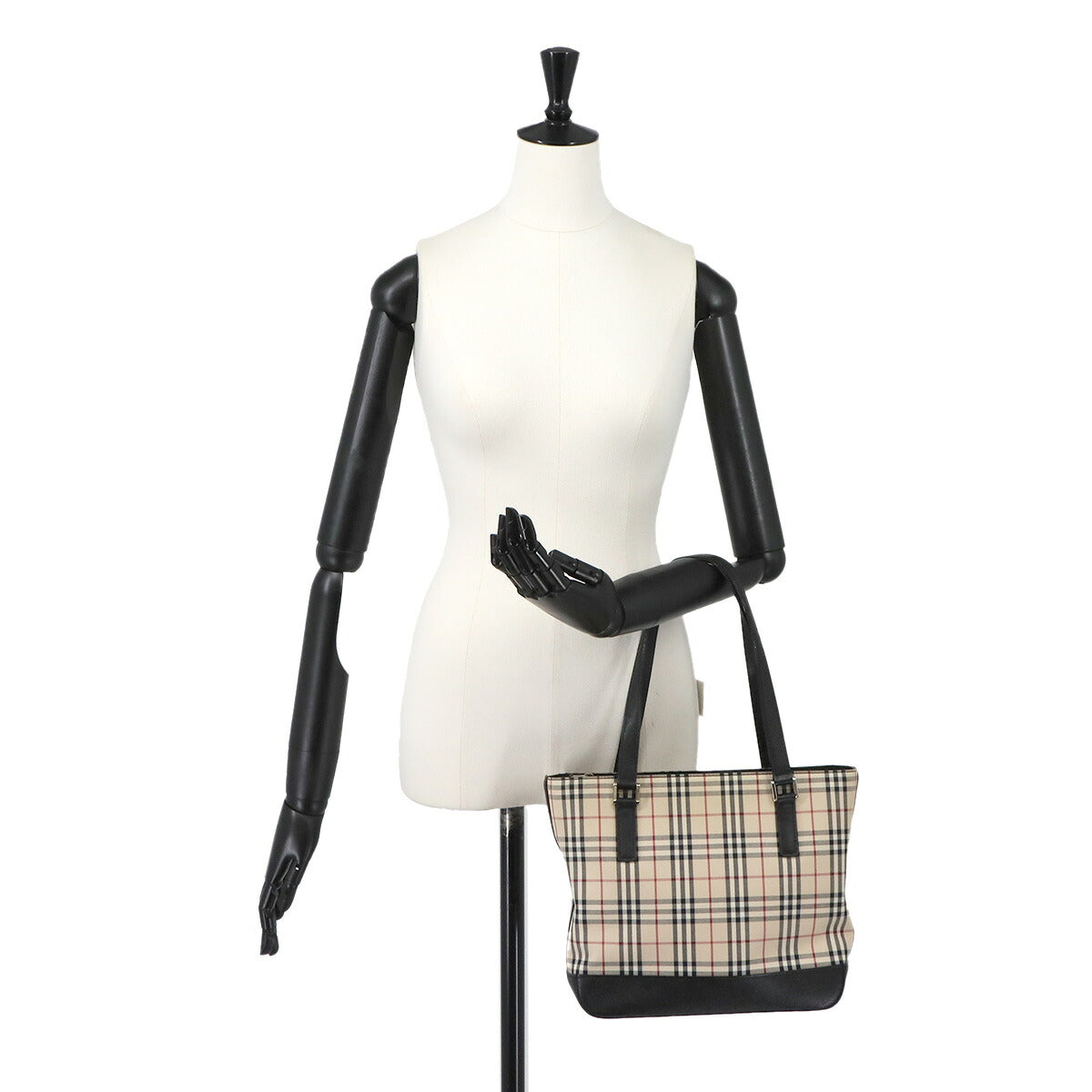 Plaid Tote Bag Canvas Leather Beige Black Purse