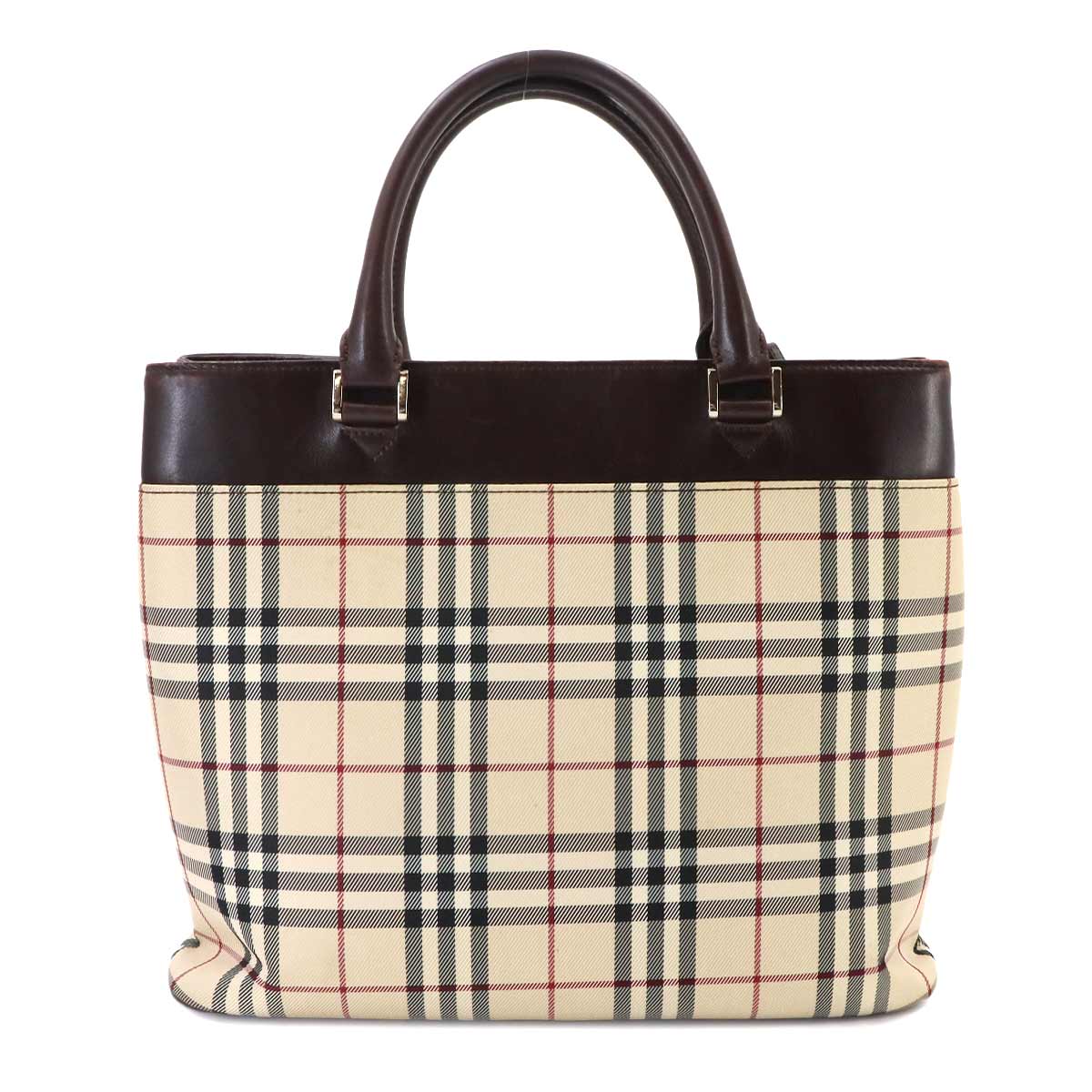 Plaid Tote Bag Canvas Leather Beige Brown Purse