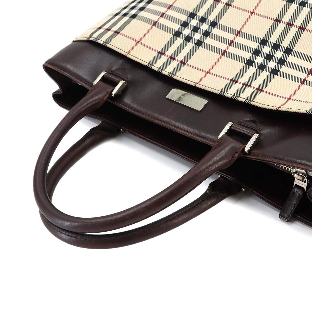 Plaid Tote Bag Canvas Leather Beige Brown Purse