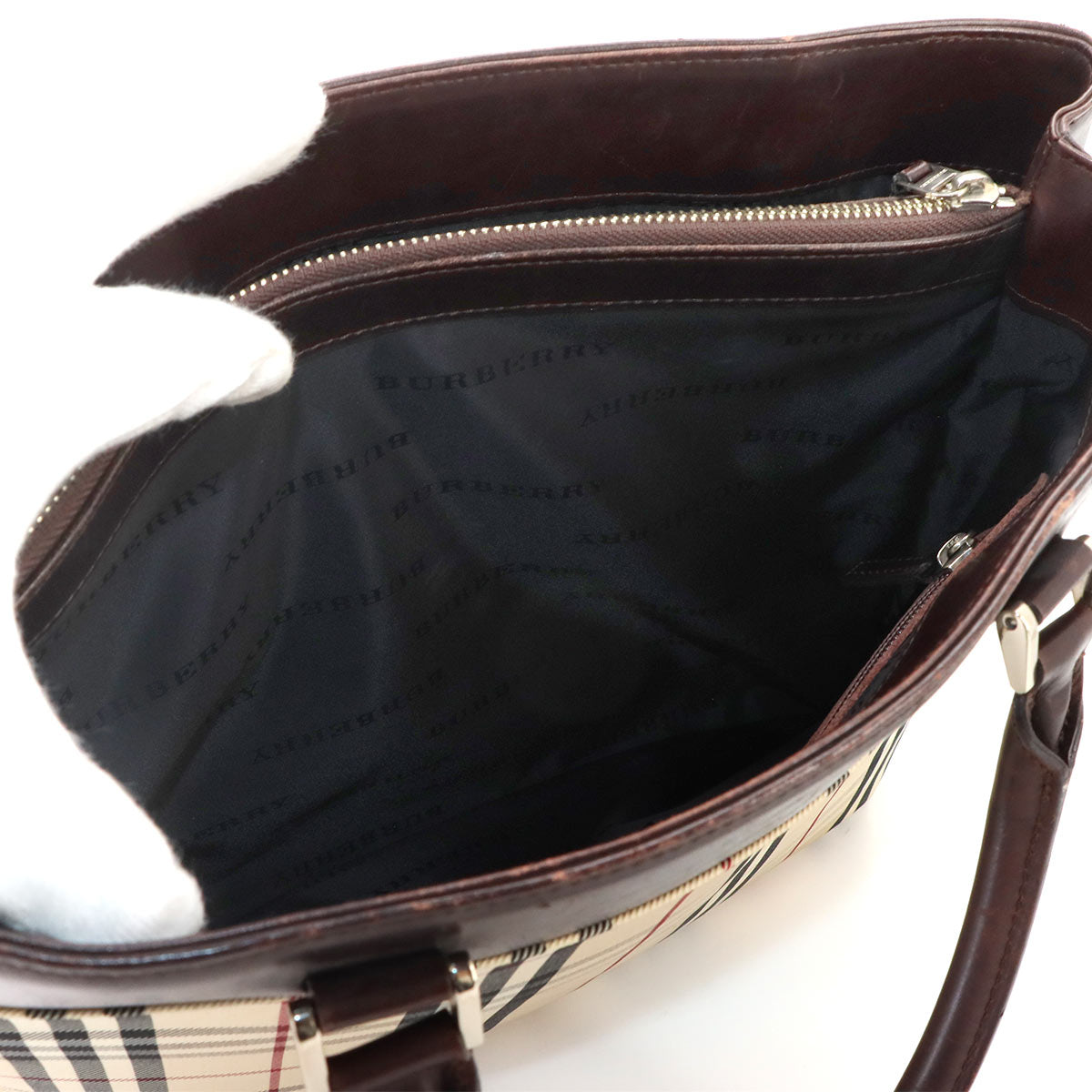 Plaid Tote Bag Canvas Leather Beige Brown Purse