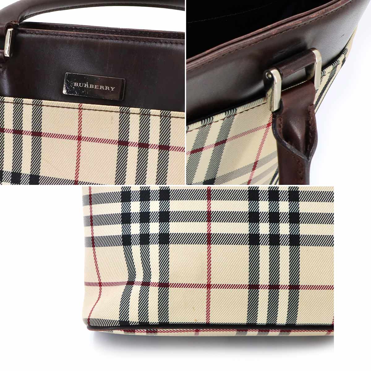 Plaid Tote Bag Canvas Leather Beige Brown Purse