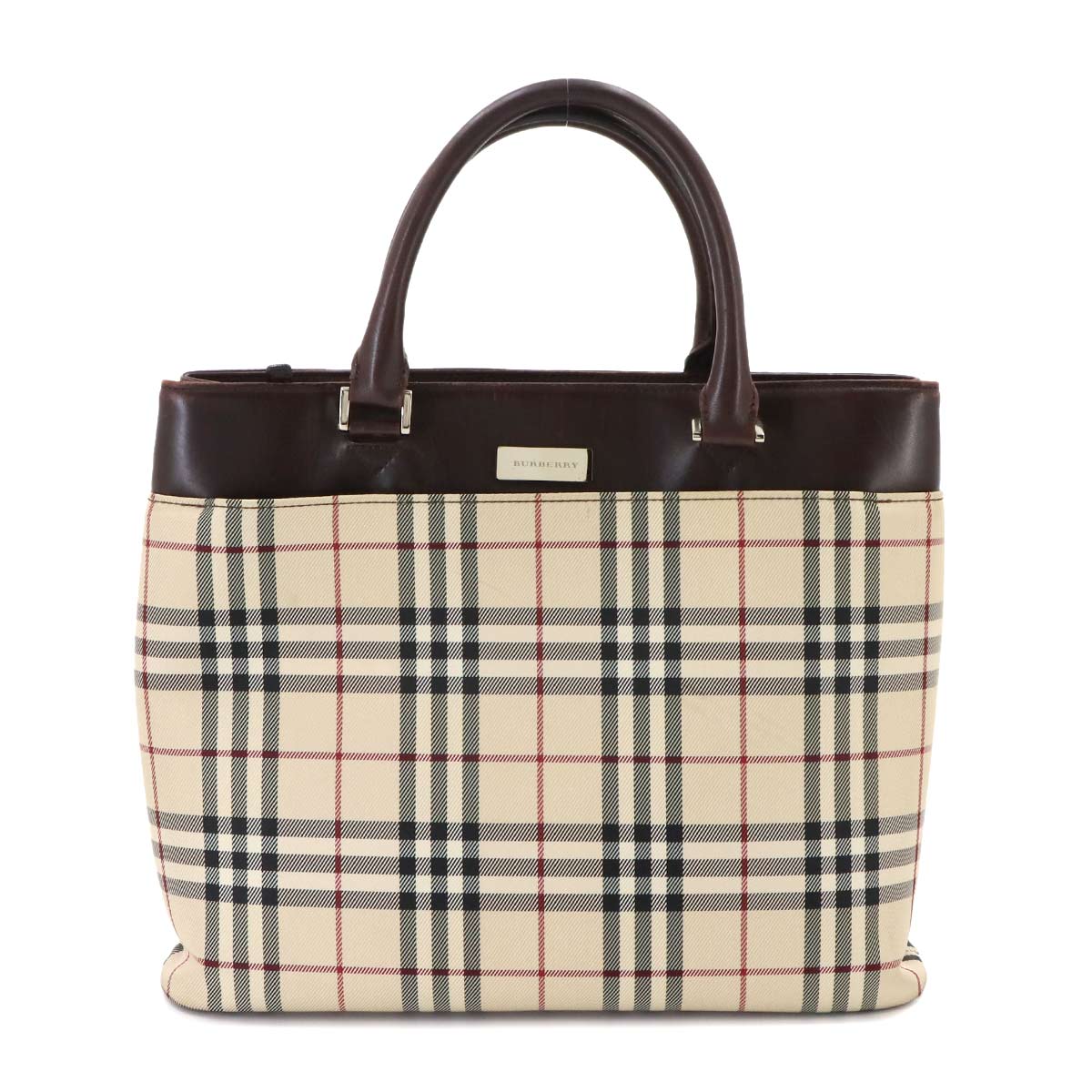 Plaid Tote Bag Canvas Leather Beige Brown Purse