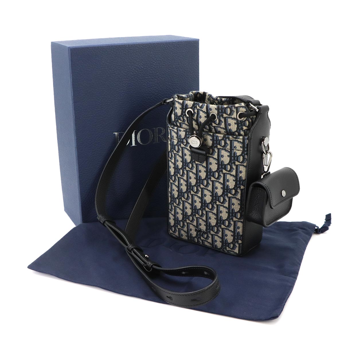 Oblique Mini Bucket Shoulder Bag Canvas Leather Navy