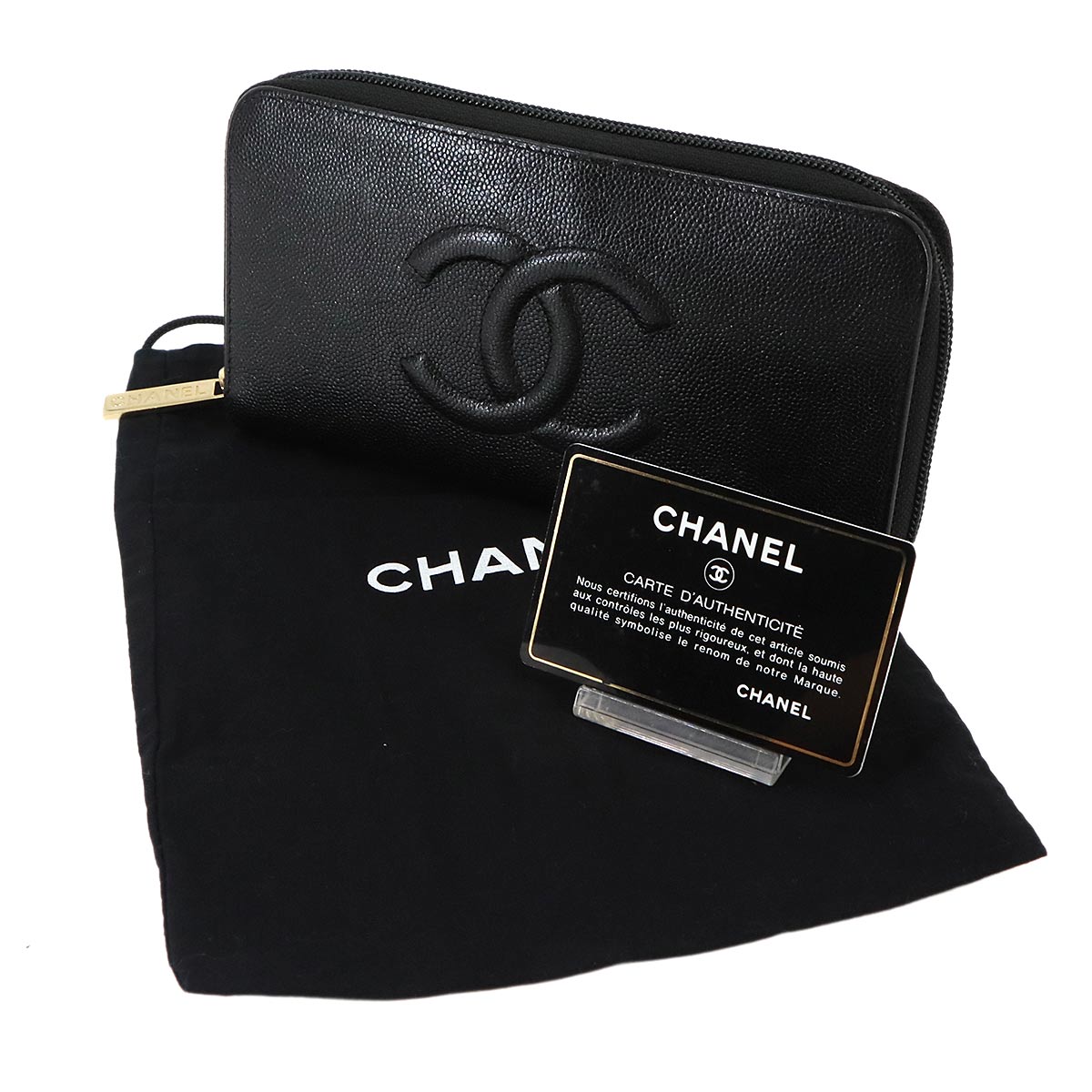 Long Wallet Caviar Skin Leather Black Coco Logos A50071
