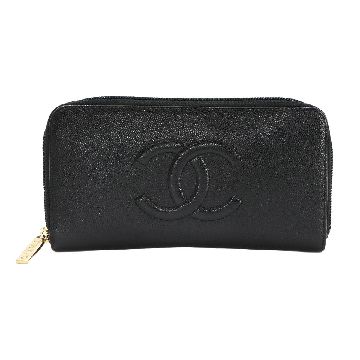 Long Wallet Caviar Skin Leather Black Coco Logos A50071