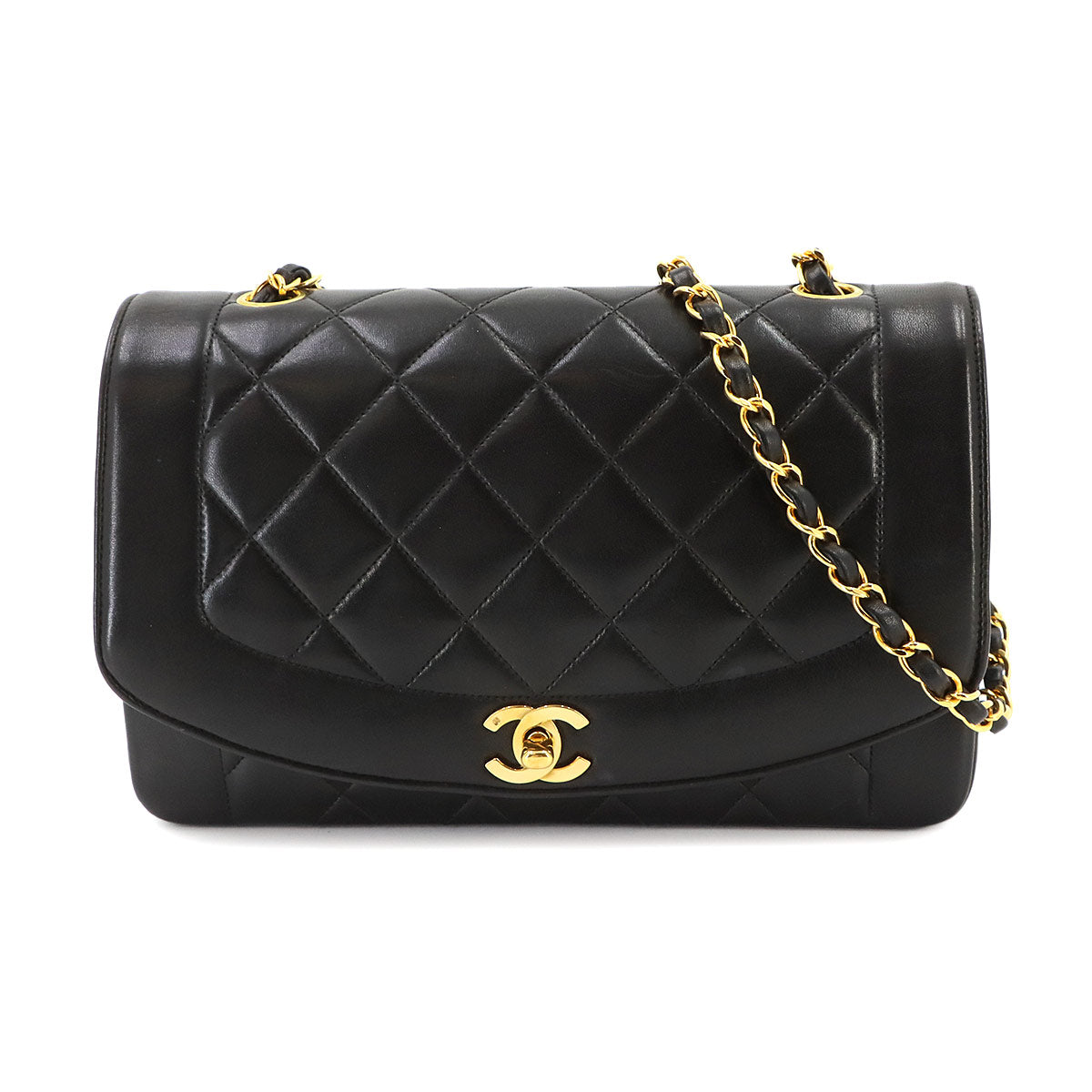 Diana Matelasse 25 Chain Shoulder Bag Leather Black A01165
