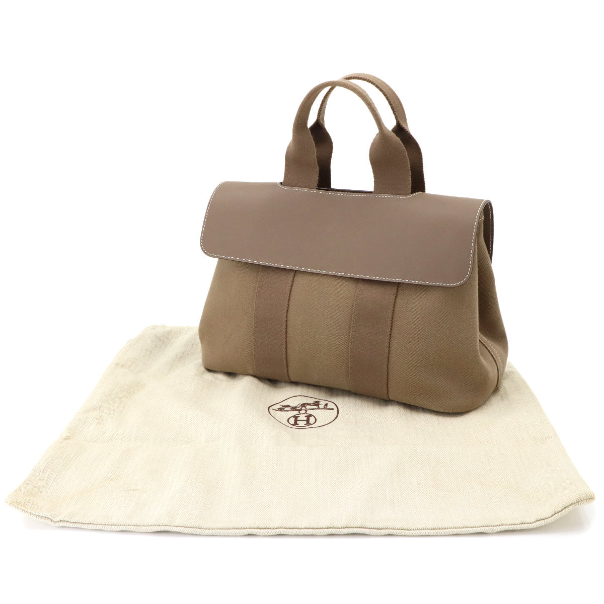 Valparaiso PM Hand Bag Toile Chevron Leather Etoupe Purse