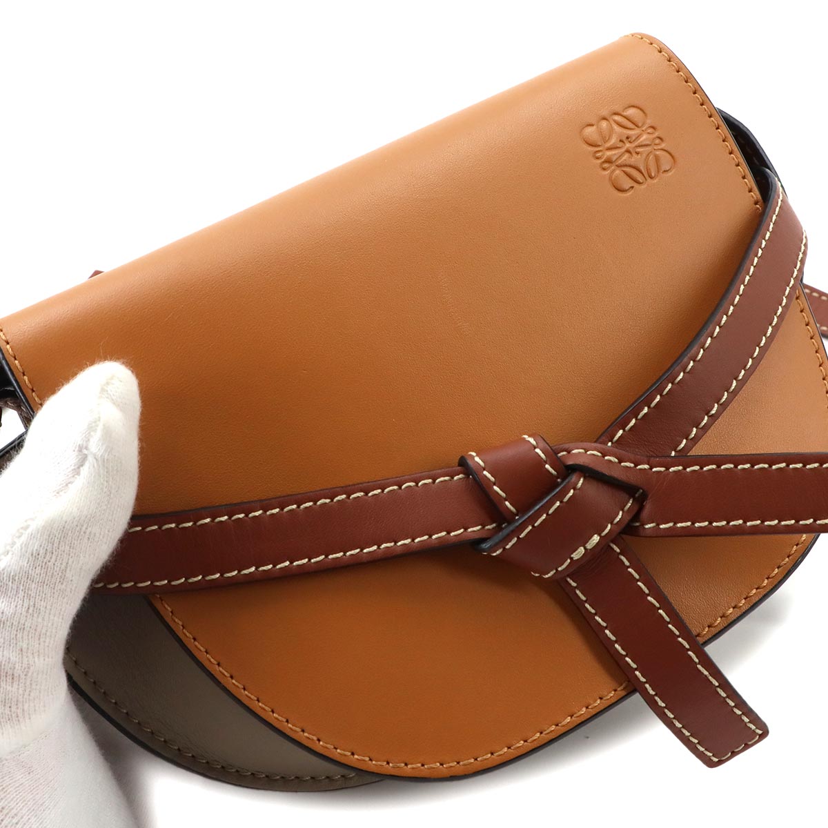Mini Gate Dual Shoulder Bag Leather Brown Beige Purse