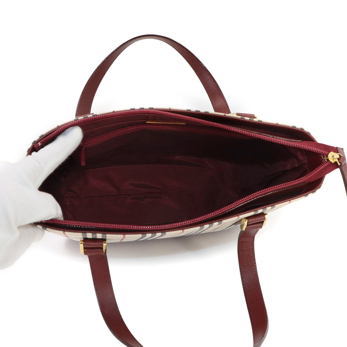 Plaid Hand Bag Canvas Leather Beige Bordeaux Purse