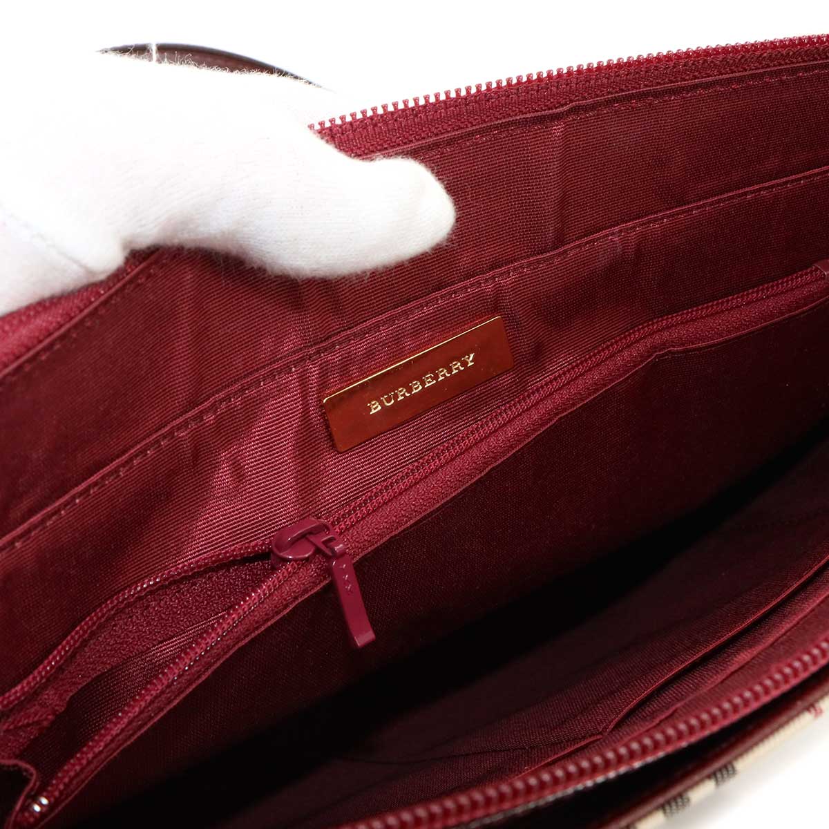 Plaid Hand Bag Canvas Leather Beige Bordeaux Purse