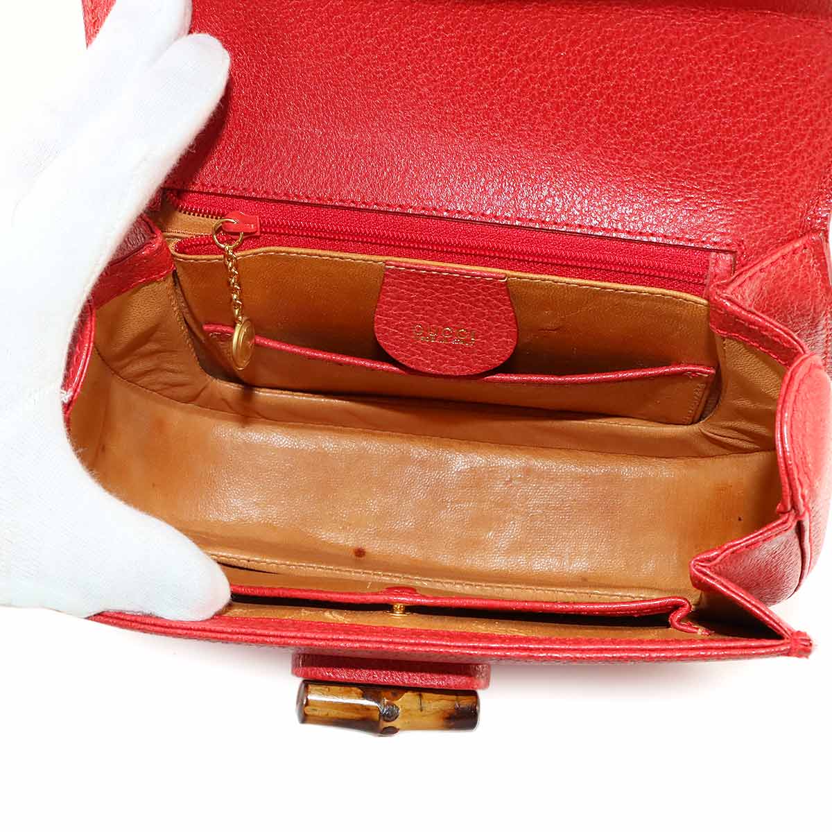 Bamboo 2way Hand Shoulder Bag Leather Red Purse