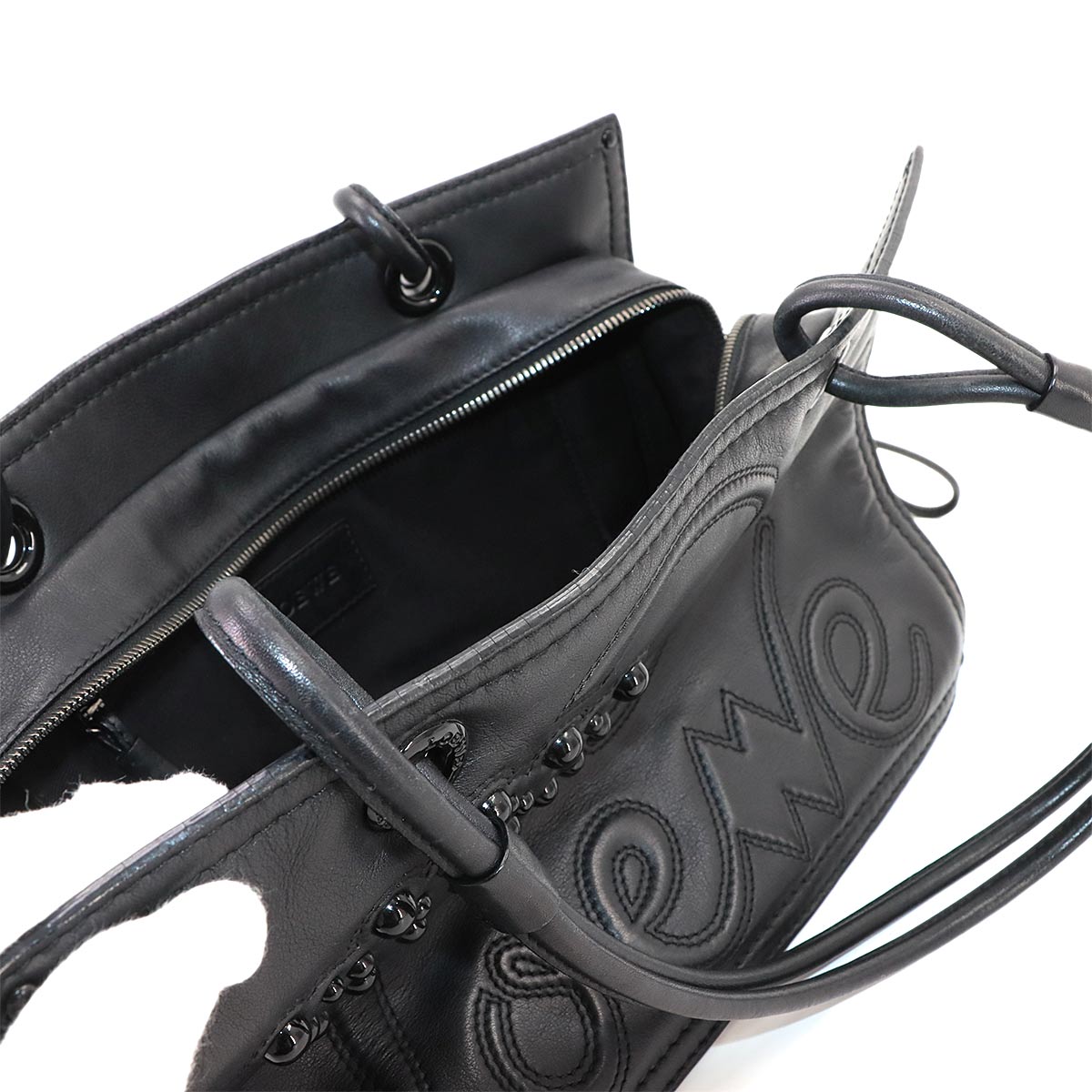 Shopper Tote Bag Leather Black Studs Purse