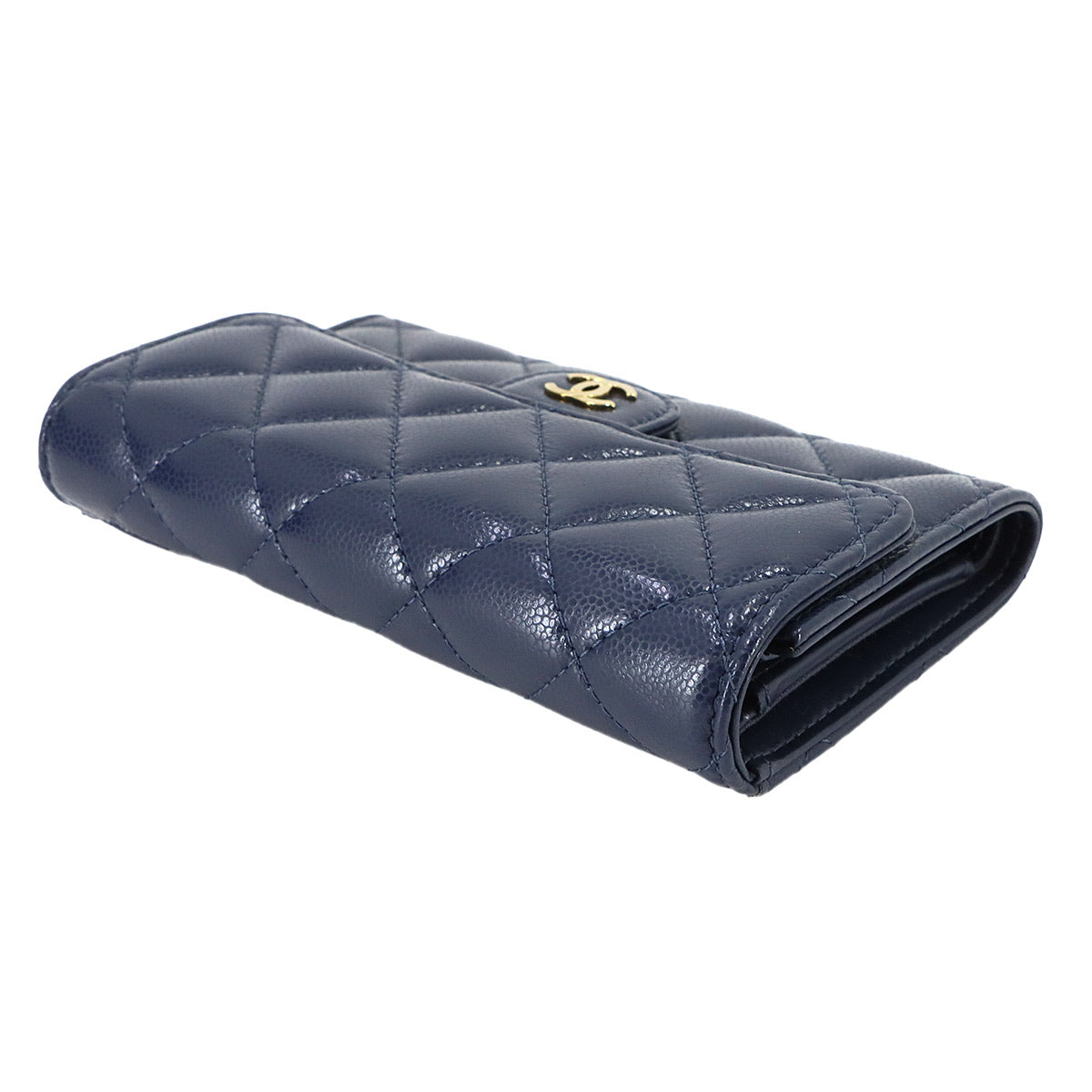 Matelasse Medium Flap Wallet Caviar Skin Leather Navy AP0232