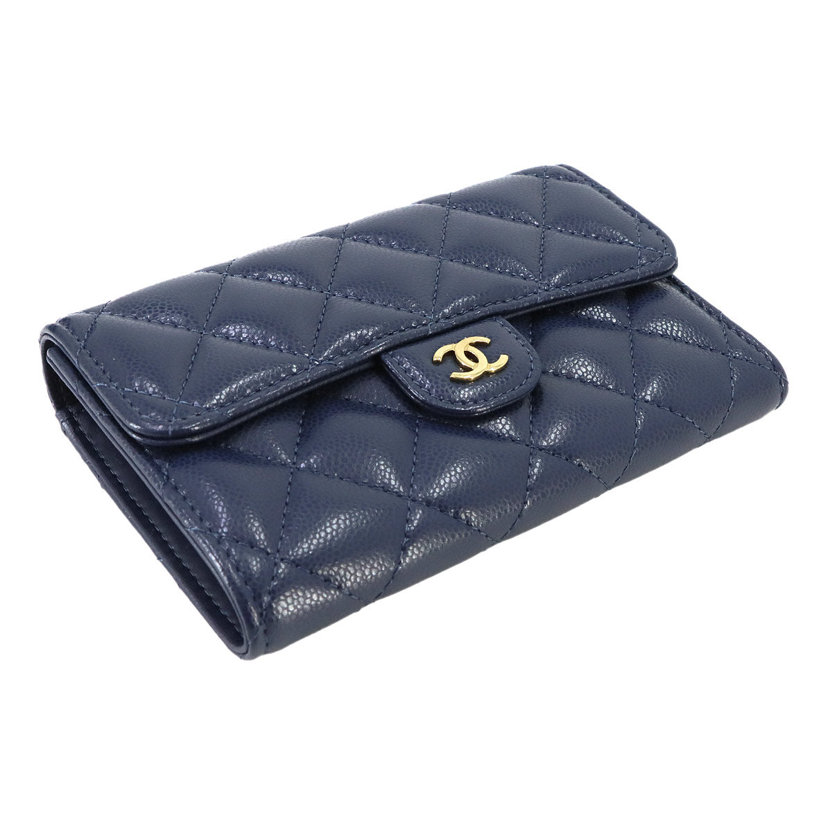 Matelasse Medium Flap Wallet Caviar Skin Leather Navy AP0232