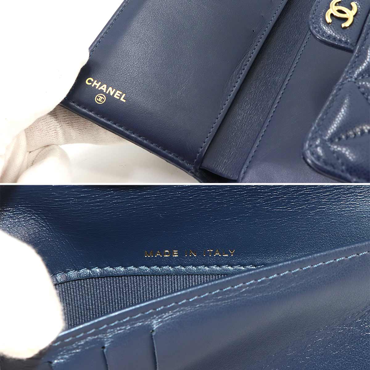Matelasse Medium Flap Wallet Caviar Skin Leather Navy AP0232