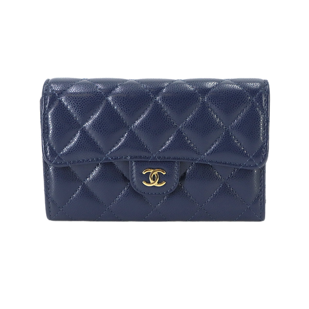 Matelasse Medium Flap Wallet Caviar Skin Leather Navy AP0232