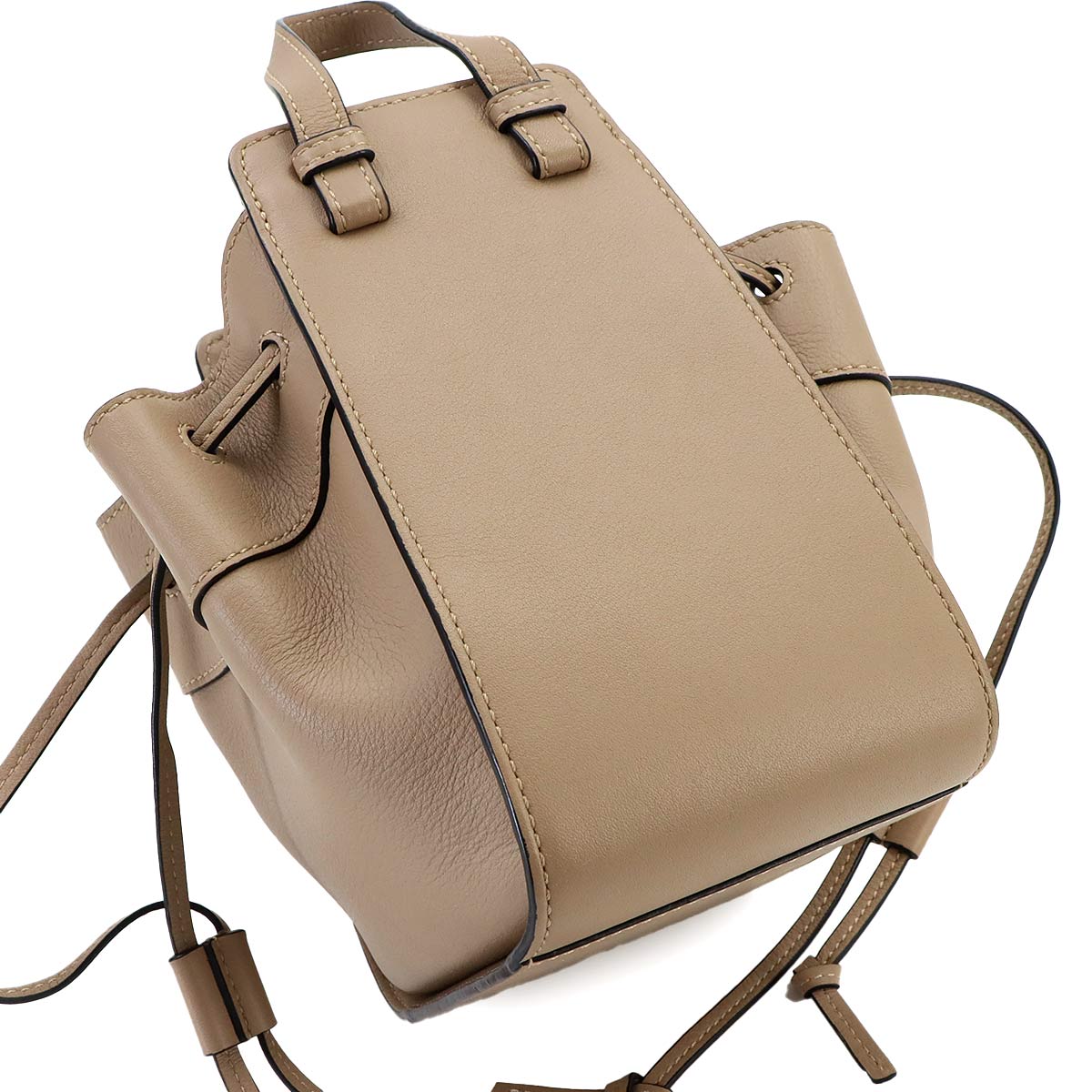 Hammock Drawstring Mini Hand Shoulder Bag Leather Beige