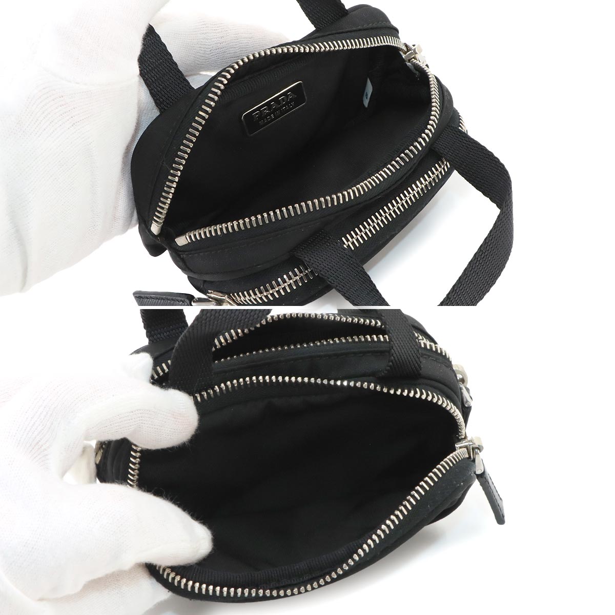 Mini Hand Bag Poach Nylon Saffiano Leather Black 1N1346