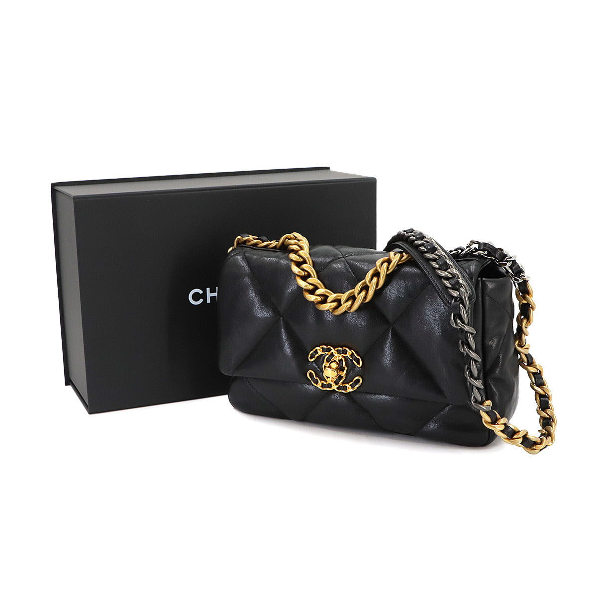 CHANEL 19 Chain Hand Shoulder Bag Leather Black AS1160