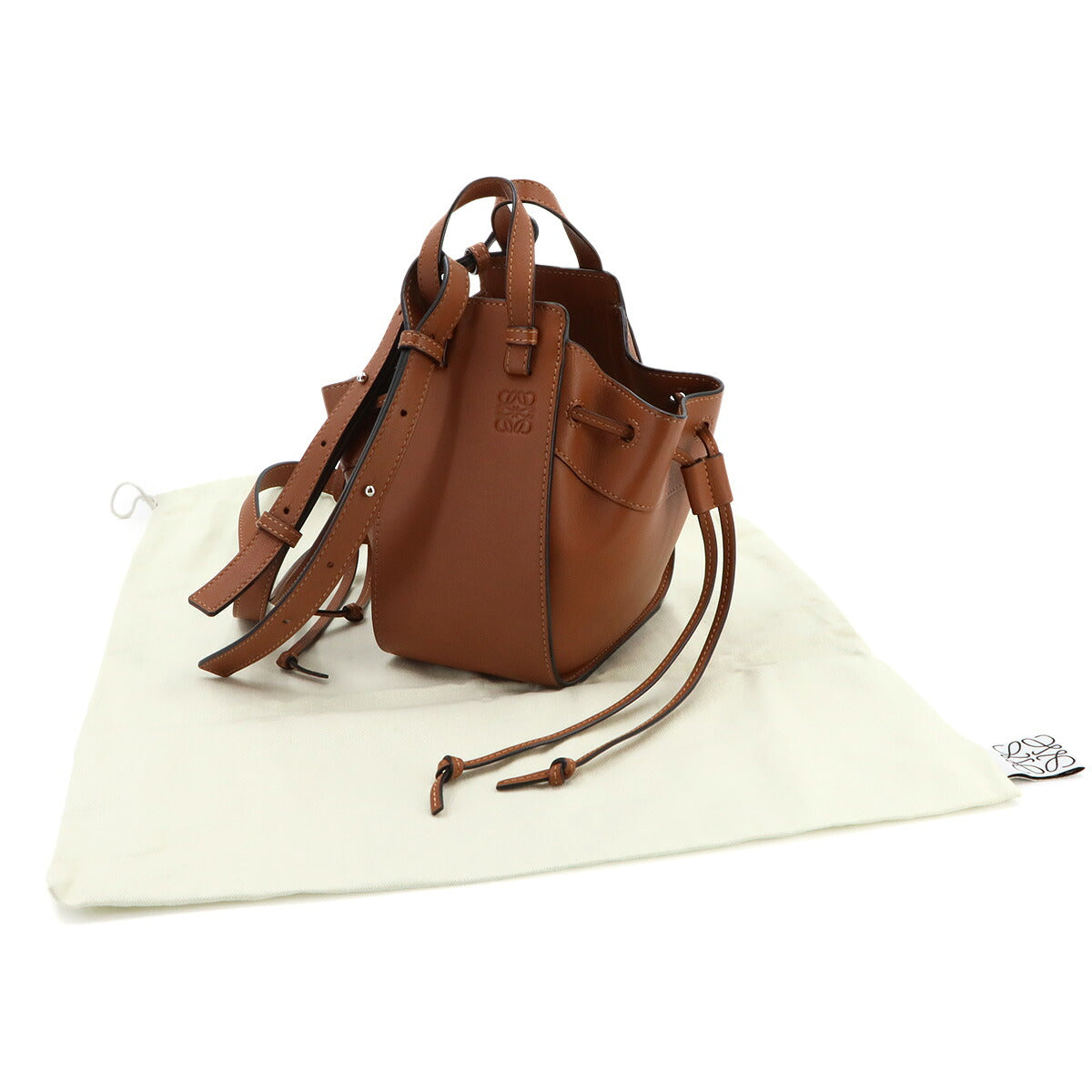 Drawstring Mini Hand Shoulder Bag Leather Brown